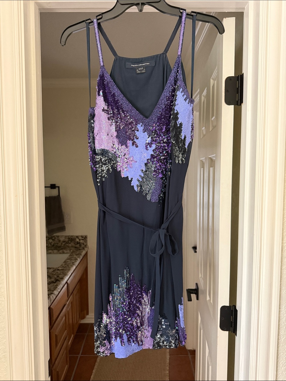 French Connection Navy Slip Dress with Purple Sequin Detail